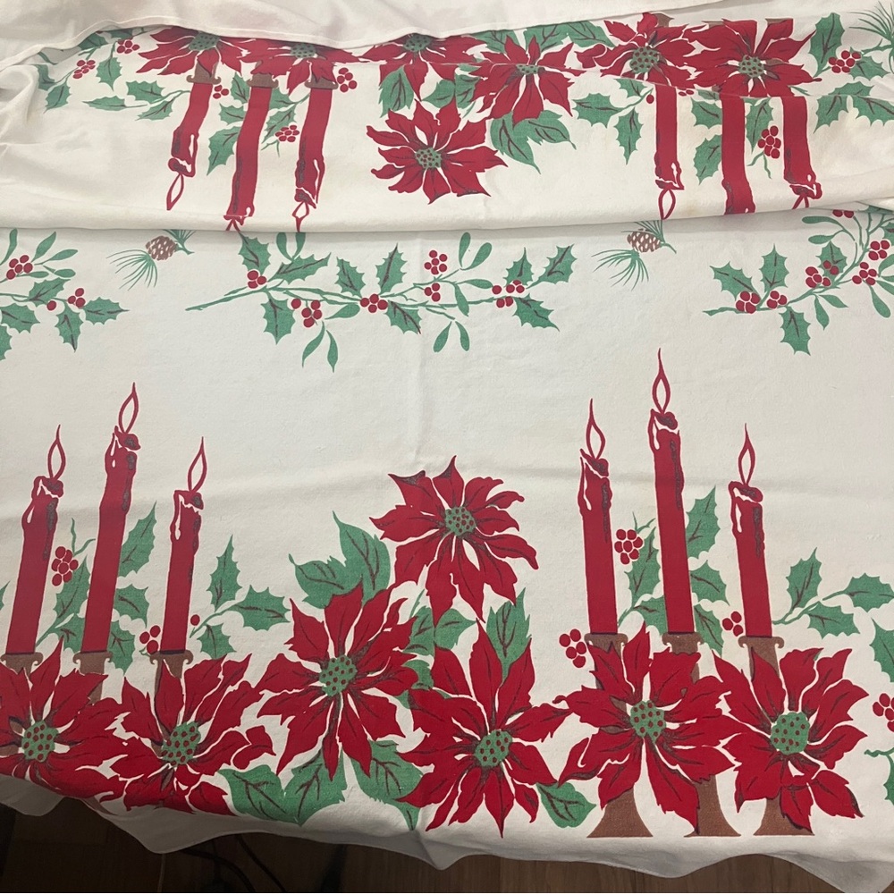 Vintage 1950's Christmas Printed Cotton Tablecloth with Poinsettias & Candles